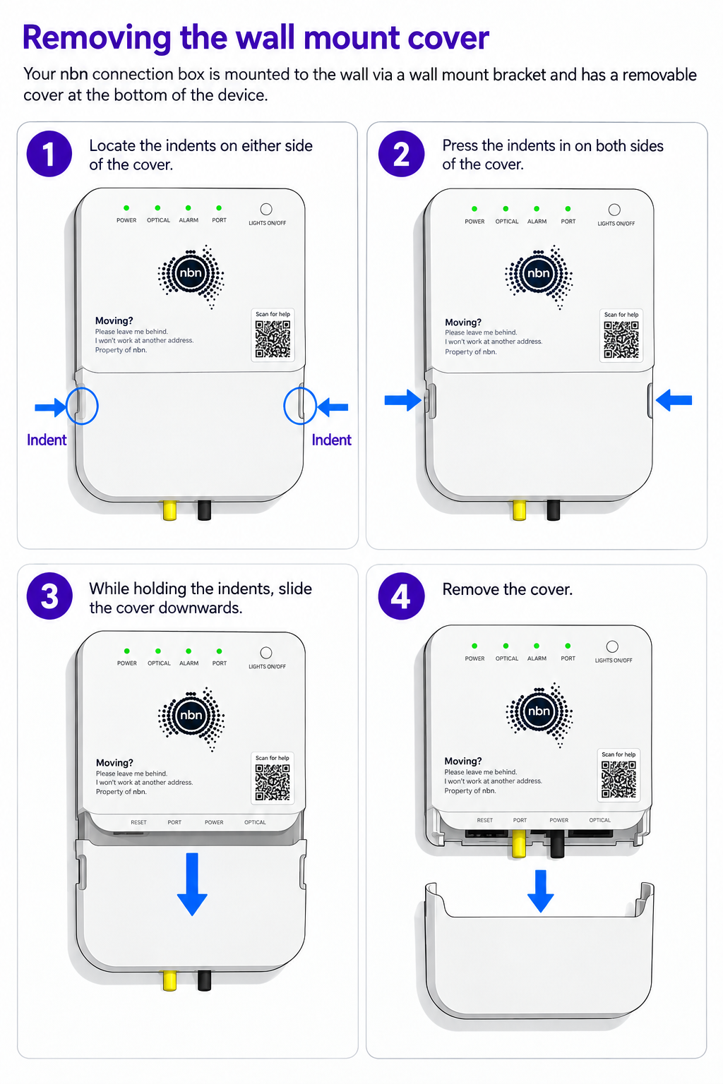 Removing the wall mount cover diagram. Press the indents on the side of the cover open